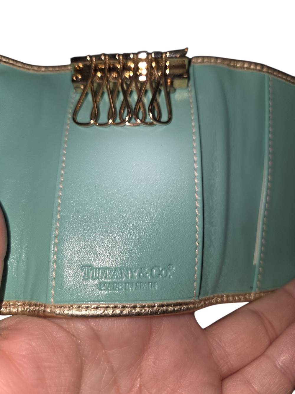 Tiffany And Company Metallic Gold Leather Key Holder Wallet with Turquoise Butto - Picture 9 of 11